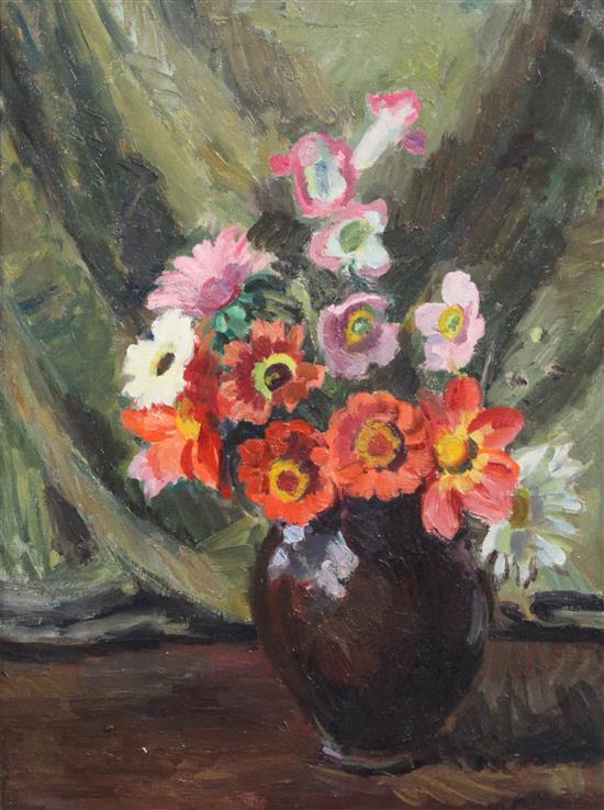 § Vanessa Bell (1879-1961) Flowers in a black pot, c.1948, 16 x 12in.